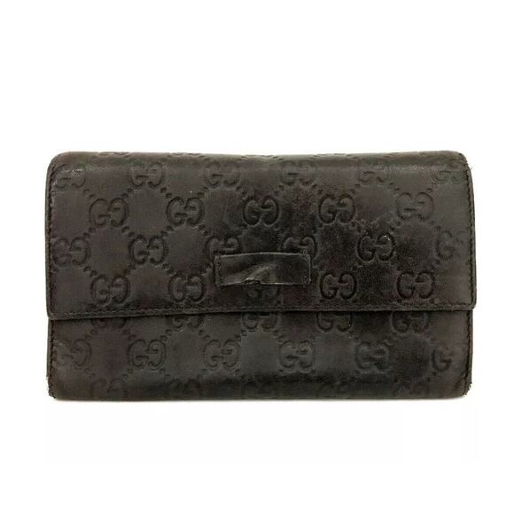 Authentic GUCCI Ssima GG Logo Brown Leather Long Trifold Wallet - Picture 1 of 7